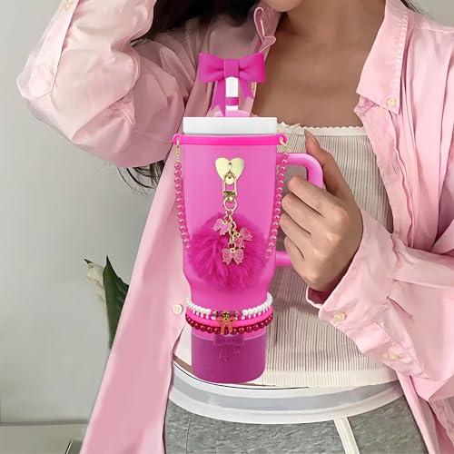 Hpebl 11PCS Fuchsia of Stanley Cup Accessories 30/40 OZ Water Bottle Tumbler Accessories Set Pearl Bow Charm for Stanley Decorations Including Bow Straw Topper, Pom Pom Keychain, Silicone Tumbler Boot - image 2