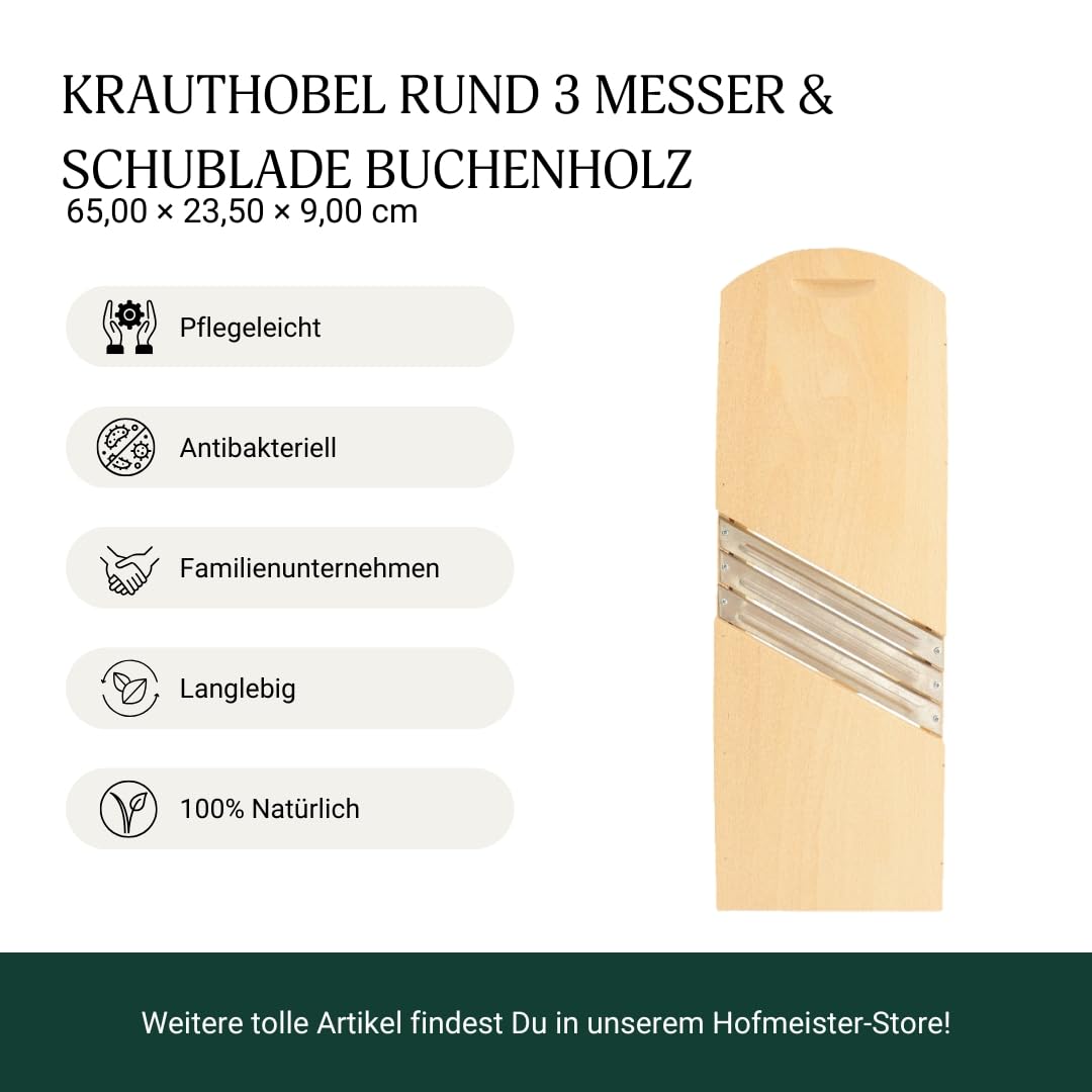 HOFMEISTER® Krauthobel Holz 65 cm, 3 Messer, Sicherheitsschublade – Sauerkrauthobel und Kohlhobel für Krautsalat, Weißkohl, Gemüse – handgefertigt in der EU (1 Stück)
