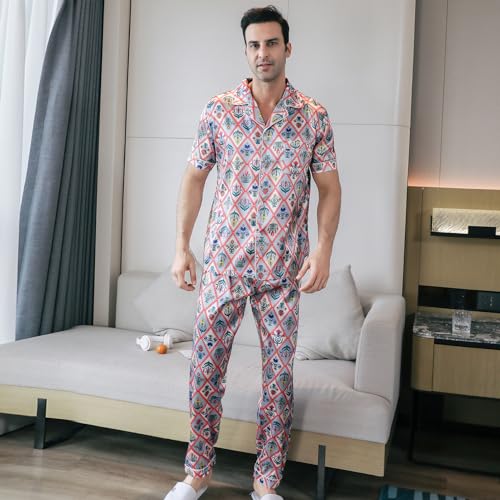 Men's Satin Pajama Set Short Sleeve Silky Pajama Pants Button Down Sleepwear Multicolor Silky Men's Pajama Set4