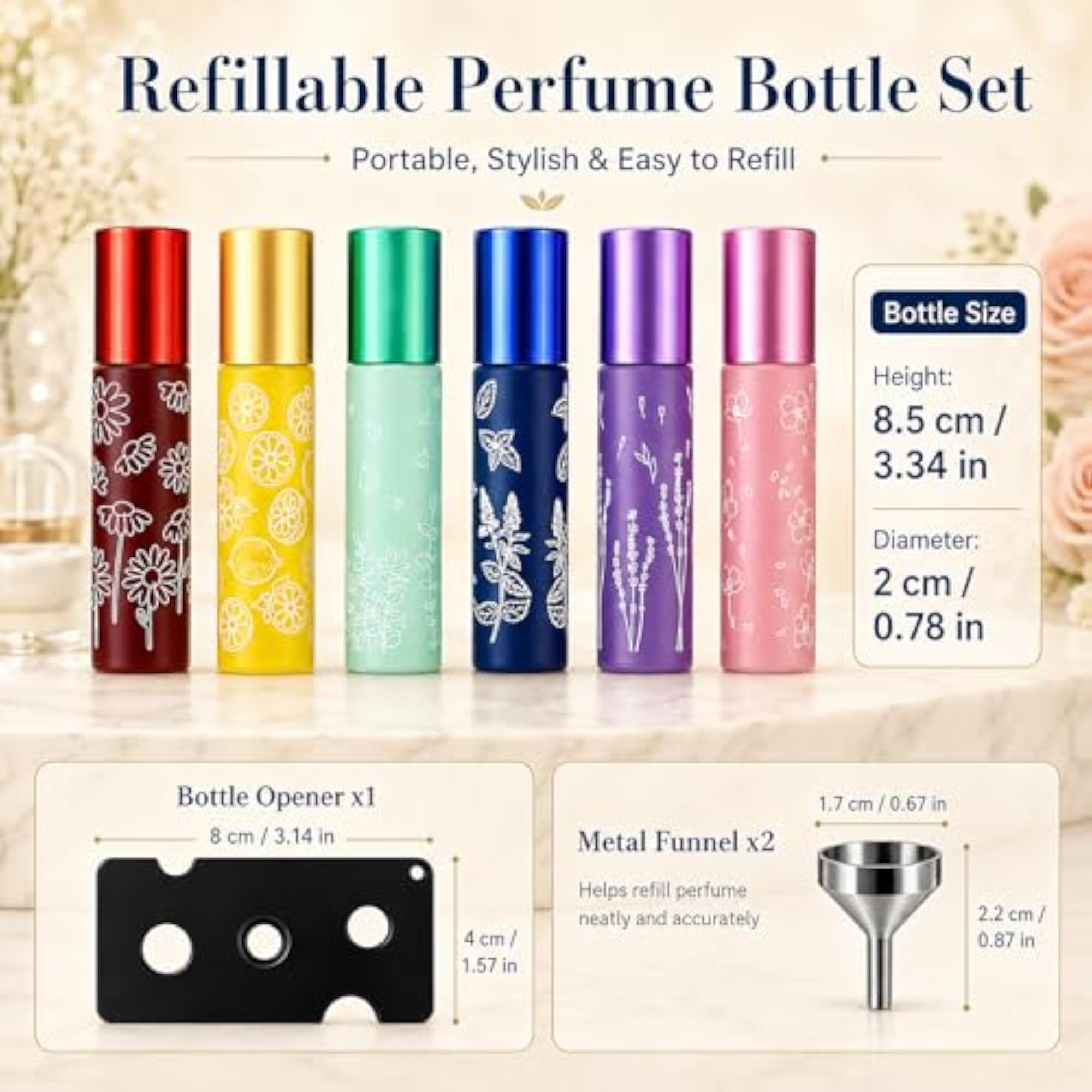 6 Coloured Glass Roller Bottles for Essential Oils, 10ml Set