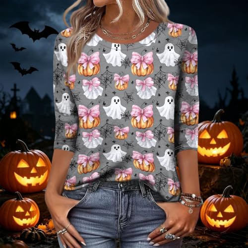 Image of Women Spooky Halloween Graphic Shirt 3 /4 Length Sleeve Crewneck Top | Halloween Funny Printed Pumpkin Plus Size Tshirts 2026 Fall Outfits Skeleton Tee Going Out Tops