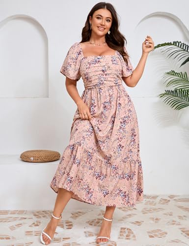 Image of ShopWonder Women Plus Size Dress Short Sleeve Square Neck Floral Maxi Pleated Ruffle A Line Long Dress
