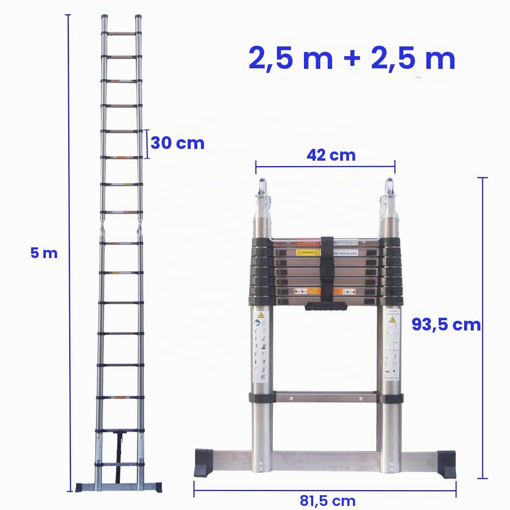 Scale Telescopiche Scaletta Pieghevole In Acciaio Inossidabile Scaletta allungabile portatile Scala Retrattile Estensibile Antiscivolo Multiuso, Capacità di carico 150kg (2,5M + 2,5M)