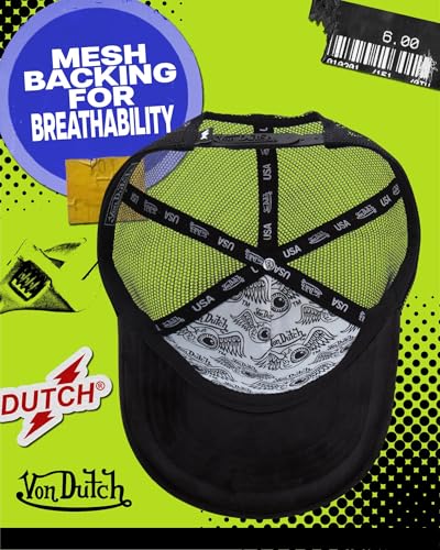 Image of Von Dutch Unisex Trucker Hat - Velvet Curved Bill Mesh Back Retro Classic Adjustable Snapback Baseball Cap for Men and Women