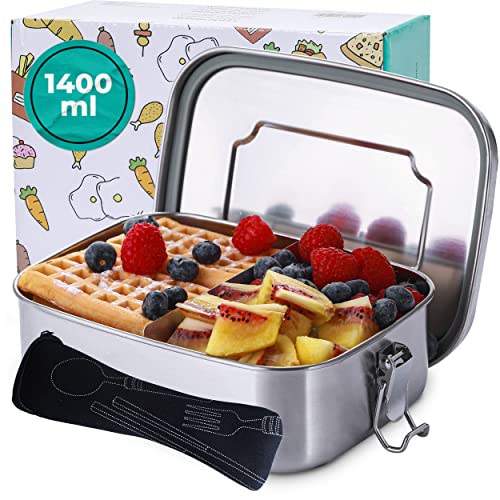 Praknu Boite à Repas en Acier Inox avec Compartiments et Couverts - Hermetique - Lavable au Lave-vaisselle - Lunchbox de 1,4L