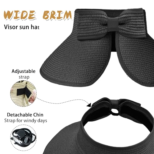 Image of Summer Straw Beach Sun Visor Ponytail Hats for Women Foldable Floppy