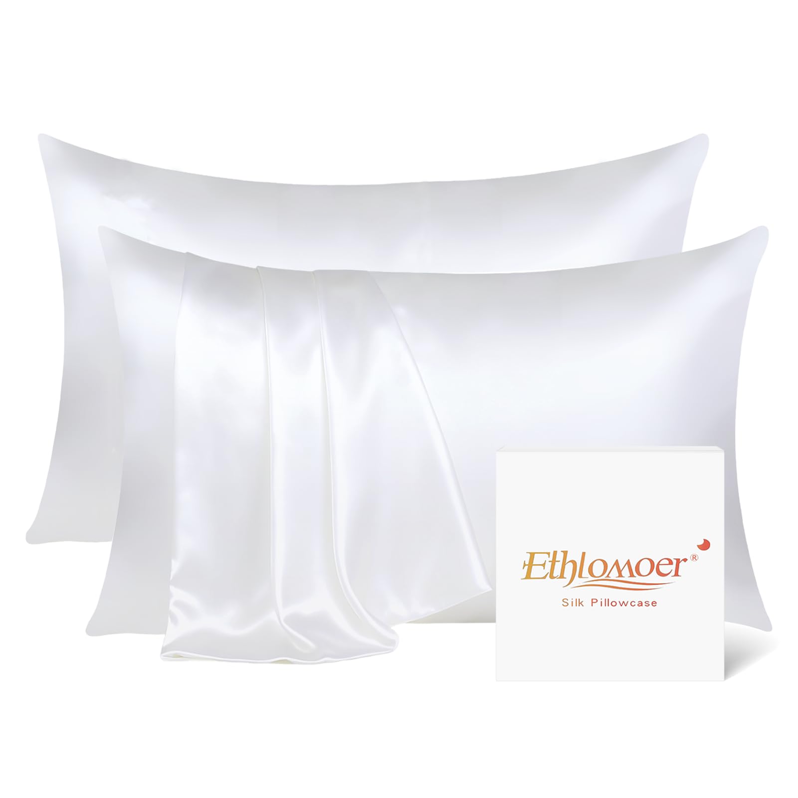 Ethlomoer 100% Natural Pure Silk Pillowcase for Hair and Skin, Both Side 19mm, Hypoallergenic, 600 Thread Count, Smooth Satin Pillowcase with Hidden Zipper, 50x75 cm (White-2PCS)
