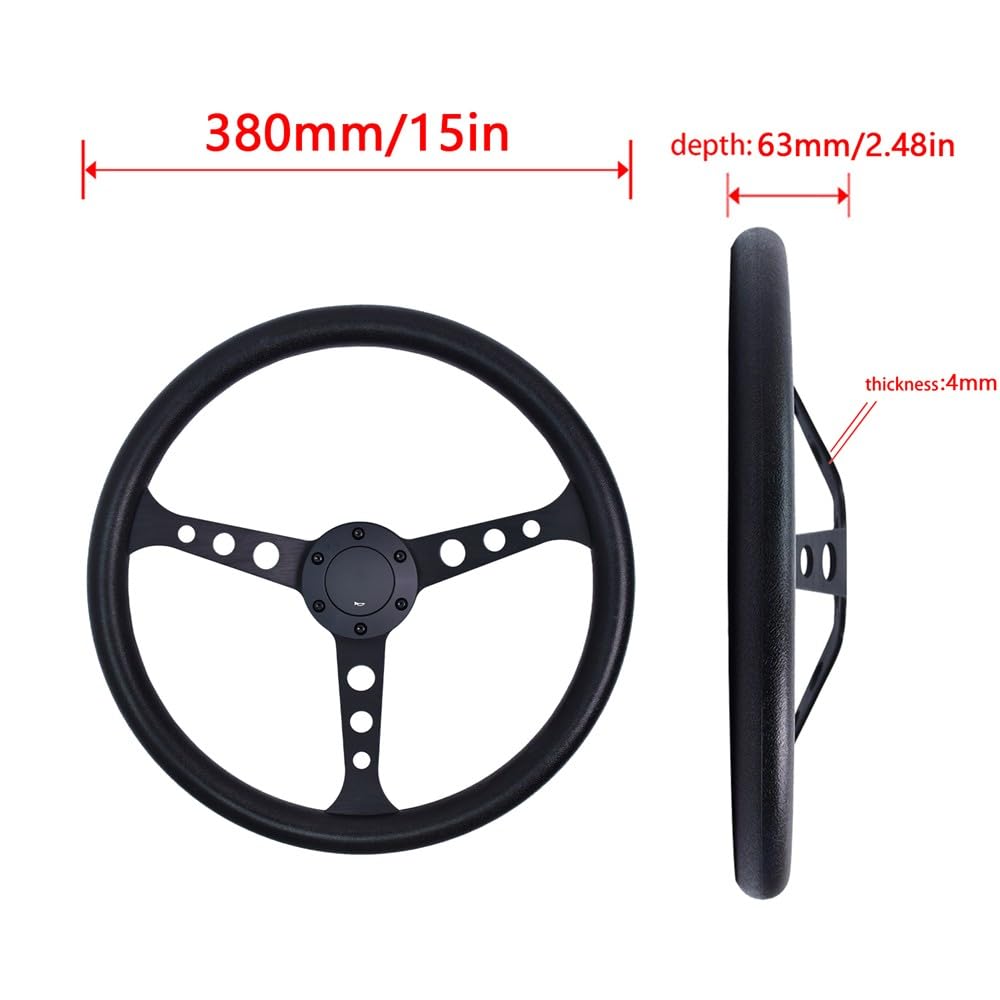 Lenkrad-Ersatz 380 mm/15 Zoll Universelles Ersatz-Rennlenkrad 3 Speichen 6 Schrauben mit Hupenknopf Fahrzeugmodifikation Sim Driving Motorsport JDM PU
