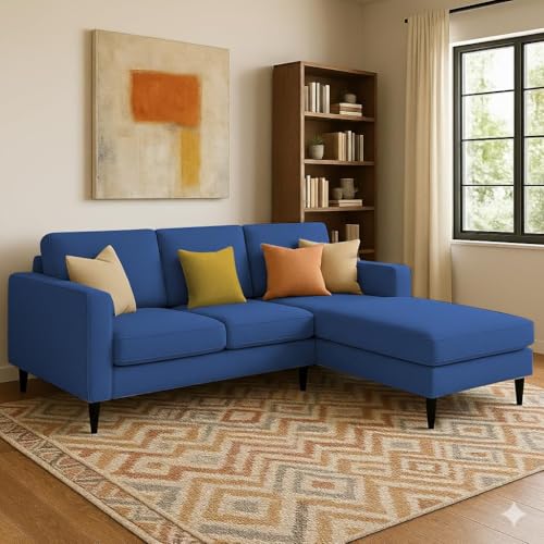 Image of Casaliving Grayon 3 Seater Convertible Sofa Set for Living Room, 3 Seater & Ottoman Modular Sectional Couch for Small Space (Blue Colour) Fabric