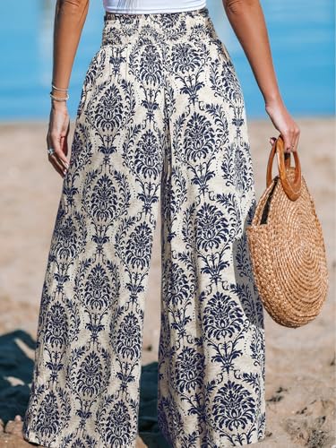 CUPSHE Damskie spodnie wakacyjne, szerokie nogawki, styl tropikalny, wysoki stan, wygodne spodnie damskie z kieszeniami, niebieski, S