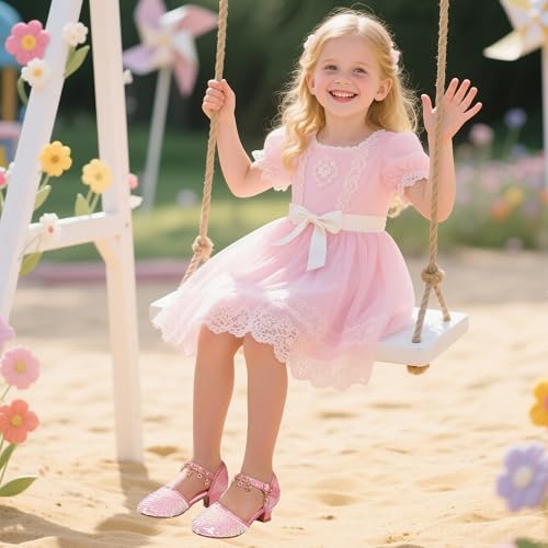 PANDANINJIA Girls Sandals Sequins Princess Dress Shoes Closed Toe Low Heels2
