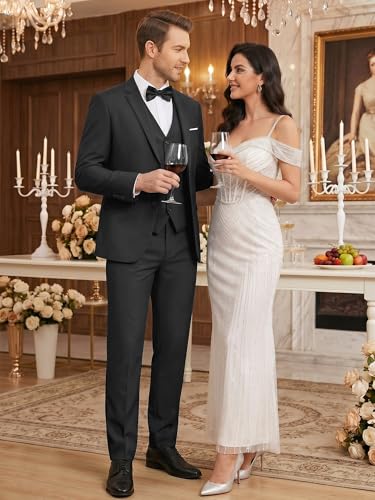 Image of WEEN CHARM Men's 3-Piece Slim Fit Suit Set-2-Button Blazer,Vest & Pants-Formal Wedding,Prom,Party & Business Tuxedo