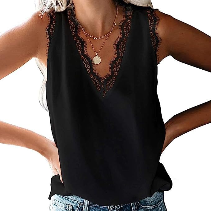 Hanaoops Vest Tops Women Sexy V Neck Lace Trim Tank Shirt Casual Loose Sleeveless Cami Tops Summer Clothes