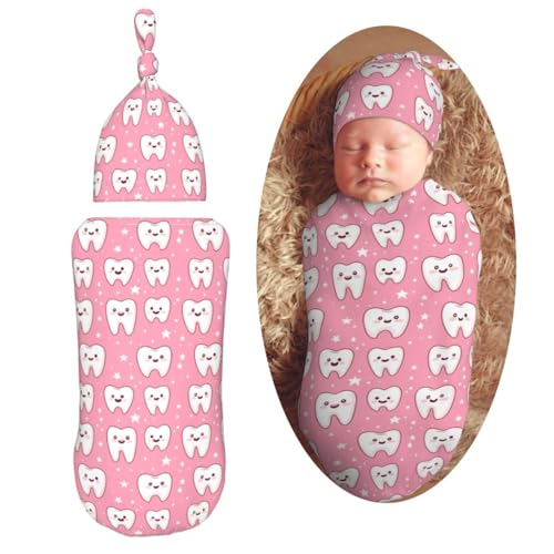 Image of Kawaii Tooth Pattern Newborn Swaddle Blankets Hat Sets Soft Baby Receiving Blanket Swaddle Sack for Baby Shower Infant Boy Girl Gift