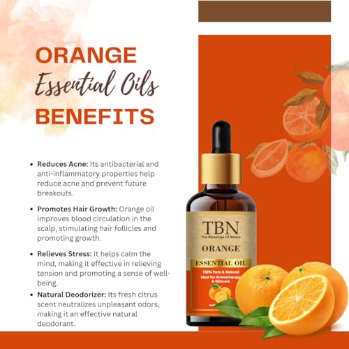 Image of TBN 100% Natural and Pure Orange Essential Oil For Skin Brightening & Aromatherapy | Enhance Mood, Cleanse Skin & Improve Sleep | Ideal for Aromatherapy, Massage, and Wellness - 15ML