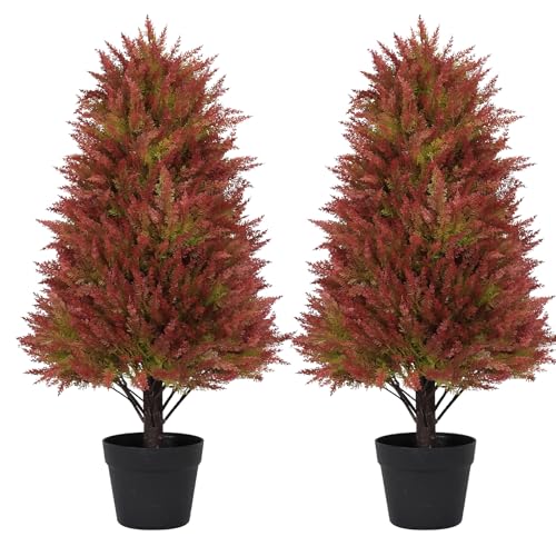 30" Fall Artificial Cedar Topiary Trees Set of 2 – 2.5ft UV Resistant Faux Cypress Pine Plants for Outdoor Planters, Realistic Fake Shrubs and Bushes for Front Porch Patio or Autumn Garden D
