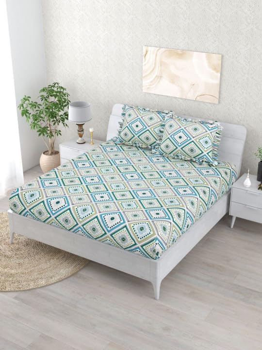 Image of King Size Fitted Bedsheet for Double Bed | 300 TC Cotton Feel Microfiber | All Around Elastic with 2 Frill Pillow Covers | Soft & Durable | (WhiteGeometricFrill, Fitted - Double72x72)