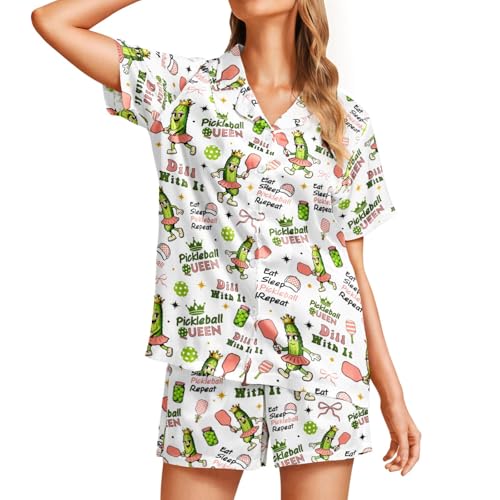 Image of Funny Satin Pajamas Set for Women Button Down Sleepwear Print Pjs Set 2 Piece Short Sleeve Loungewear Gift for Women
