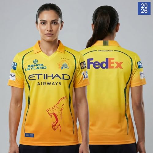 Image of playR x Chennai Super Kings Original Fan Jersey IPL 2026 - Adult Plain Half Sleeve CSK Cricket T-Shirt, Regular Fit Sportswear Tee for Training, Outdoor & Match Day Activewear for All Season