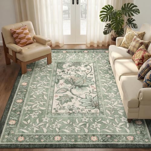 Image of FairyStyle Washable Sage Green Floral Area Rug, 160 x 230 for Living Room