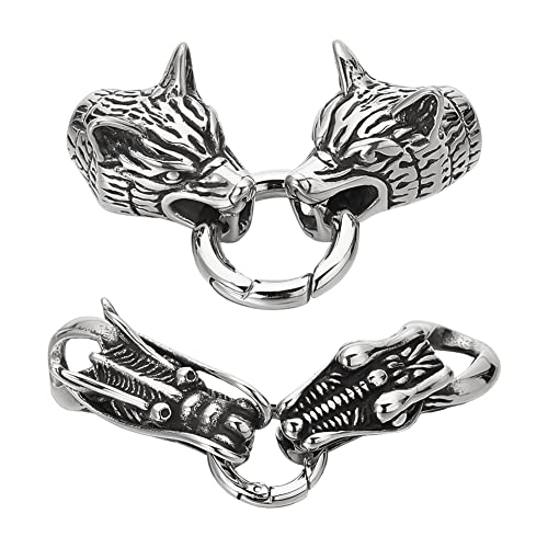 UNICRAFTALE 2 Sets 2 Styles 304 Stainless Steel Spring Gate & O Rings Tibetan & Antique Silver Wolf & Dragon Head Rings Cord Ends Clasps Leather Bracelet Making for Jewelry Making