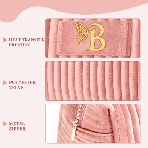 Image of COSHAYSOO Gifts for Women Anniversary Wife Girlfriend Aunt Her Birthday Present Travel Size Makeup Bag Quilted Make Up Cosmetic Pouch Skin Care Essentials Organizer Pink Velvet Initial Letter B