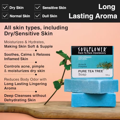 Image of Soulflower Tea Tree Soap Handmade, 100% Pure, Natural & Cold processed Grade 1 BIS Standard Premium & Luxurious Soap with Essential Oils, Exotic Herbs & Aroma, 150g