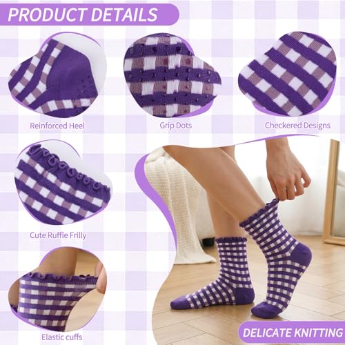 Image of 6 Pairs Women Ruffle Striped Frilly Socks, Cute Checkered Ankle Sock for Women Cotton Knit Casual Crew Socks