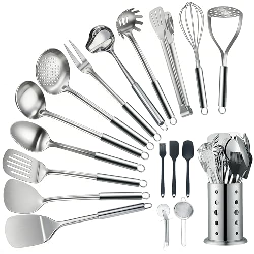 18teilig Edelstahl Kochutensilien Set mit Pfannenwender Suppenkelle Schaufel Schlitzwender Sieb Fleischgabel Öllöffel Eierschläger Kartoffelstampfer Pizzaschneider Silikonbürste und Weiteres Zubehör