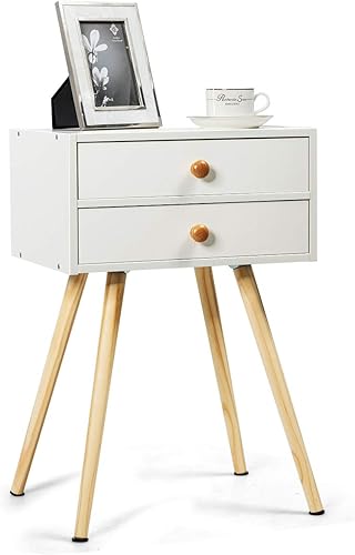 COSTWAY Mesita de noche moderna de mediados de siglo con 2 cajones en mesa auxiliar de sofá blanco
