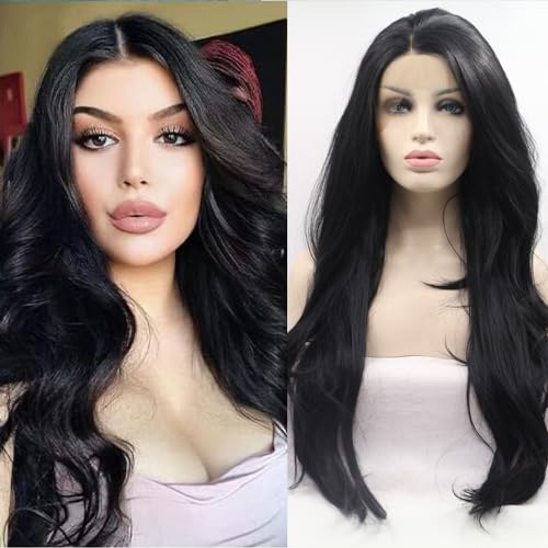Xiweiya Long Natural Wavy #1b Black Synthetic Lace Front Wigs For Black Women Natural Black Hair 13 * 3 Lace Heat Resistant Fiber Half Hand Tied 24Inch