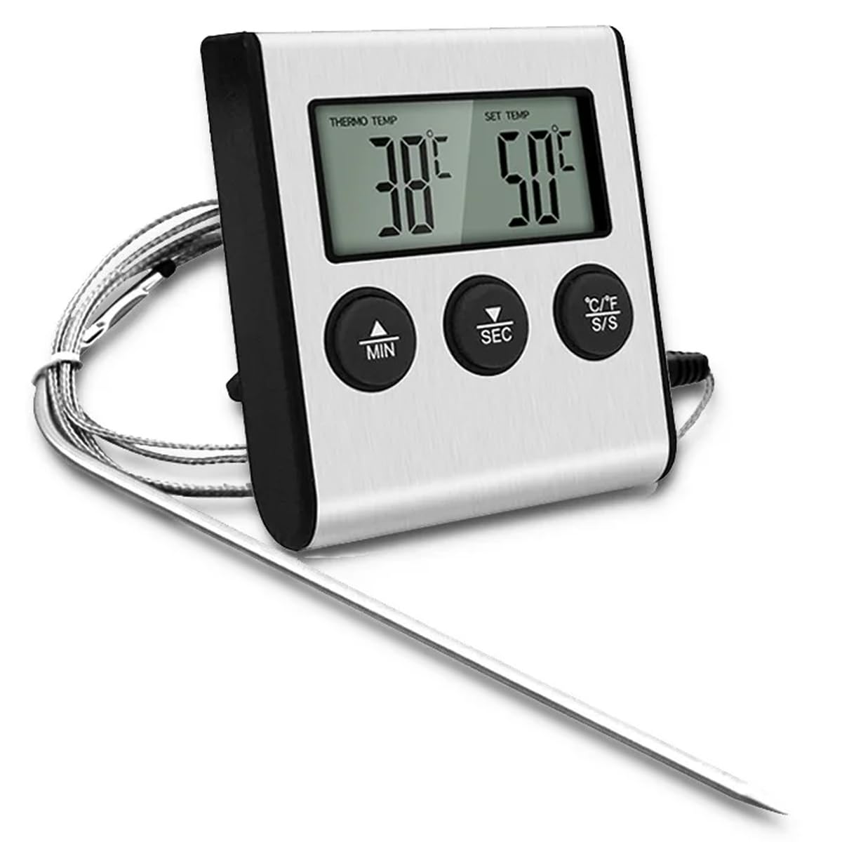Grand thermomètre numérique LCD pour cuisson des aliments et de la viande avec sonde en acier inoxydable, fumoir, four, barbecue