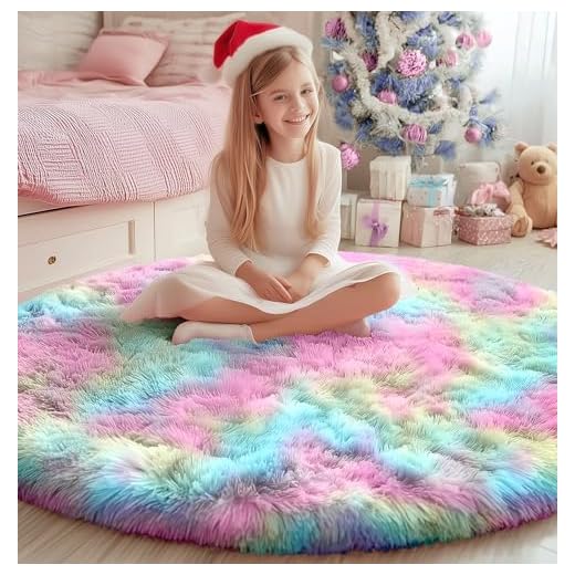 PAGISOFE Round Area Rug,5'X5',Fluffy Rugs for Bedroom,Cute Rugs for Girls Room,Fuzzy Rugs for Nursery Playroom,Circle Rugs for Kids Room,Shag Carpet Rugs for Reading Nook,Furry Rugs for Baby,Rainbow