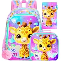 HPJGD 3PCS Girls Giraffe Bookbag, Water Resistant Kids Backpack Set with Lunch Box, Cute School Bag for Preschool Toddler