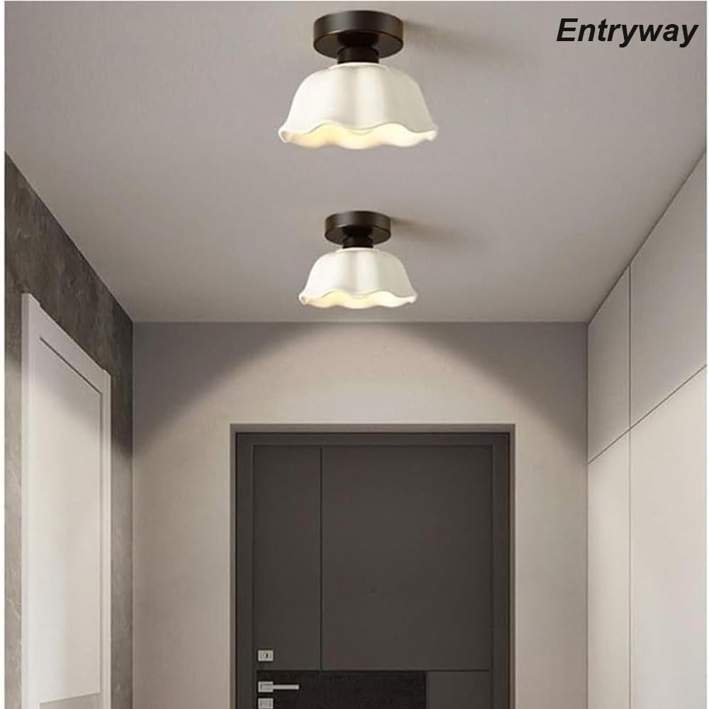 Nordycka Kwiat Półwpuszczany Lampy Sufitowa, Karbowany Biała Ceramika Plafon Minimalistyczne Mini Rustykalne Oświetlenie Sufitowe do Przedpokój Wejście Przejście(Black)