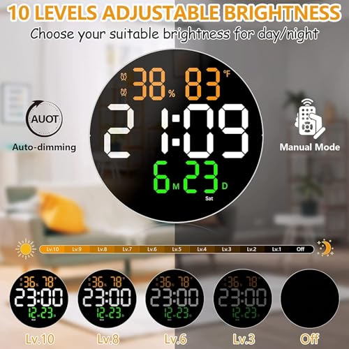 Image of 15-Inch Digital Wall Clock with Large LED Display - Remote Control, Auto-Dimming, Night Light, Date, Day, Temperature, DST Function - Ideal for Living Room, Bedroom (Round Digital Wall Clock)