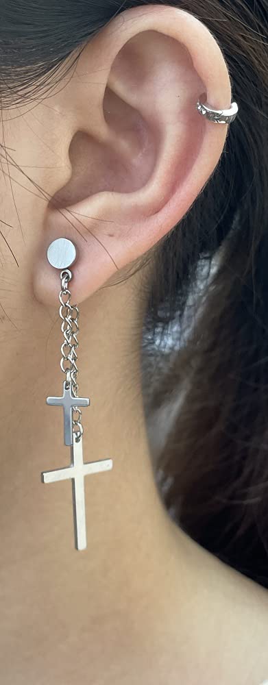 Aretes colgantes de doble cadena de 0.64 oz con borla para cartílago para hombres, mujeres y niños, piercing de acero inoxidable para colgar en la parte trasera de rosca plana, estilo punk, 4