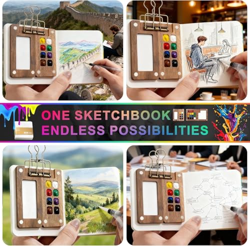 Image of Mini Watercolor Paint Set,24 color Paints, 15 Grids Portable Wooden Travel Palette, Sketchbook & Copper Clip, Metal Clip -For Beginners, Artists & Painting Enthusiasts