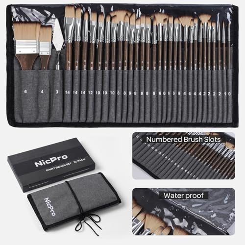 Image of Nicpro 32pcs Paint Brush Set, Professional Paintbrushes with Paint Spatula and Cloth Roll Case, Craft Paint Brushes for Acrylic Painting, Oil, Watercolor, Gouache, Art Supplies for Artists Beginners