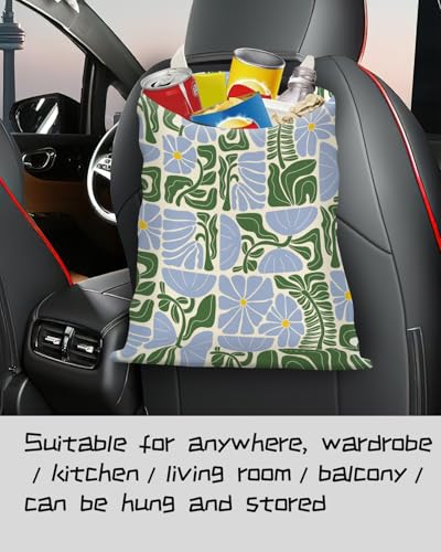 Image of Car Trash Can, Seat Back Hanging Trash Bag, Cute Canvas Garbage Bag, Essential Car Trash Bin Cars Organizers Floral Leaves
