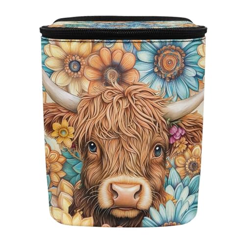 Image of Talayituse Boho Mandala Highland Cattle Print Car Trash Can with Adjustable Straps, Zip Closure Car Trash Bag Bin Auto Garbage Bag Multipurpose Storage Box for Vehicle Travel Camping Picnicing