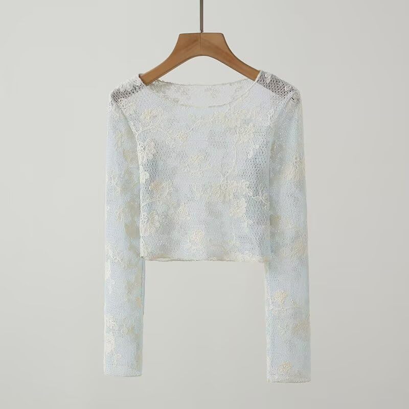 Image of ICW Women Long-Sleeves Boat Neck Transparent Mesh Sheer Floral Embroidery Crop Top T-Shirt DN648