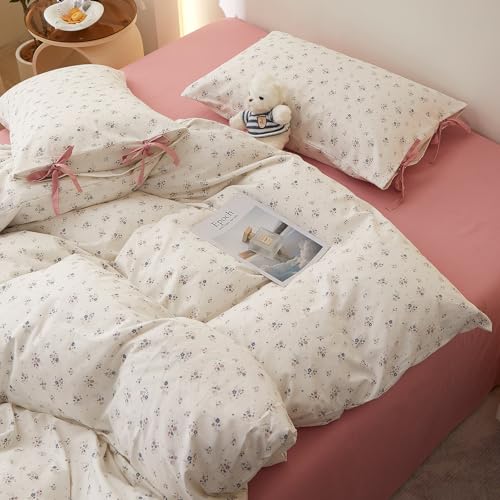 Image of Vintage Floral Comforter Full Size Comforter Set, Aesthetic Botanical Flowers Pattern Lightweight Comforter Set for All Seasons, Farmhouse Cottagecore Bedding Comforter with 2 Bowknot Pillowcases