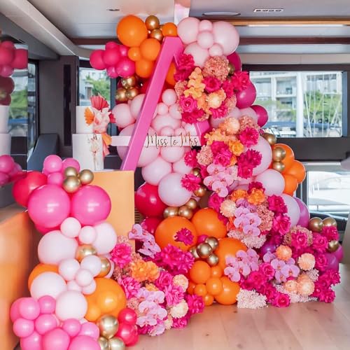 Image of Pink and Orange Balloon Arch Kit,412Pcs Hot Pink Orange Metallic Gold Latex Balloon Garland kit 18 12 10 5 Inch Different Size Balloons for Birthday Wedding Tropical Summer Party Decorations