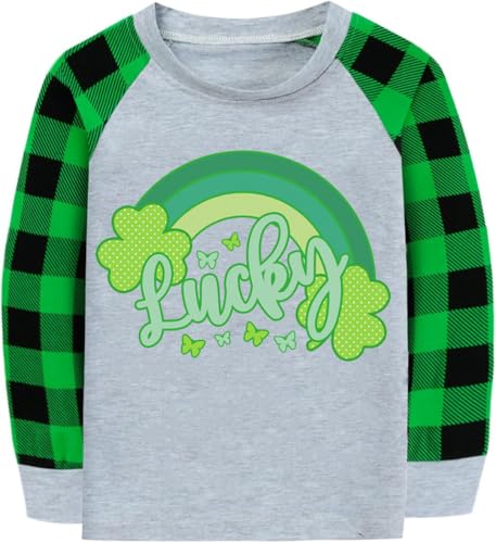 St Patricks Day Shirts Toddler Boys Girls T-Shirt Saint Patrick's Day Long Sleeve Top Plaid Raglan Sleeve Tees 2T-7Years