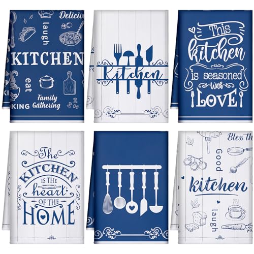 Image of Bencailor 6 Pcs Blue White Kitchen Towels Decorative Sets Dish Towels Absorbent Fast Drying Hand Tea Vintage Hanging Reusable Cleaning Dishcloths for Cooking Farmhouse Bathroom Accessory
