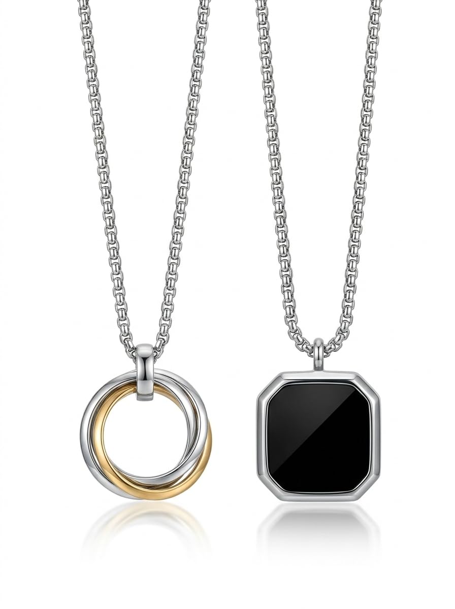 Men’s Premium Combo (2 Pieces) – Interlocking Ring Pendant & Black Stone Tag Pendant with Stainless Steel Chain | Stylish Minimal Necklace for Boys & Men | Gift Jewelry-image-1