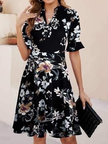 Image of Mokayee Womens Summer V Neck Ruffle Short Sleeve Fit and Flare Knee Length Church Wedding Guest Dresses with Pockets