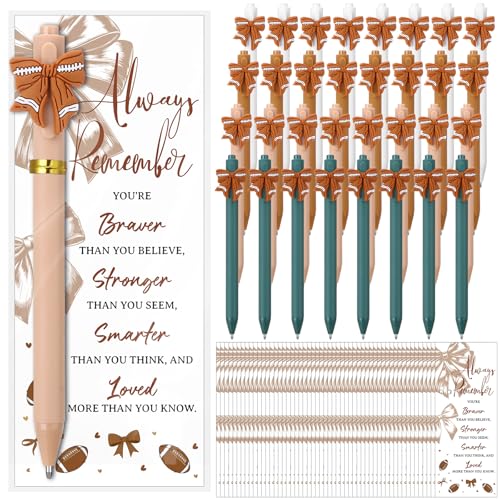 32 Sets Football Pens Gifts Sports Party Favor Football Bow Ballpoint Pen with Cards Bulk for Team Players Boys Party Goodie Bags Stuffers