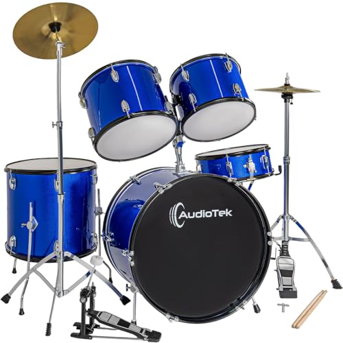 AUDIOTEK Bateria Acustica 5 Piezas Completo Platillos Atriles Bombo 23 Pulgadas Toms Redoblante Tambor de...